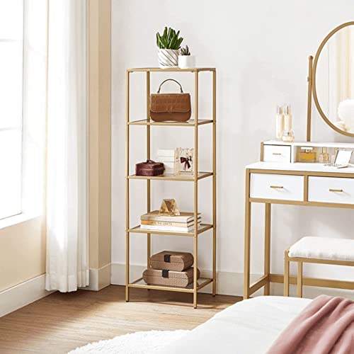 Shelf Unit, 5-Tier Ladder Shelving Unit, Slim Glass Shelf for Bedroom, Bathroom, Home Office, Tempered Glass, Steel Frame, Gold Colour