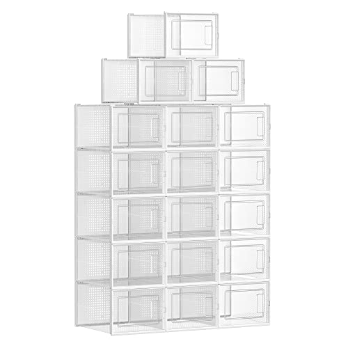 Shoe Boxes, Pack of 18 Stackable Shoe Storage Organisers, Foldable and Versatile for Sneakers, Fit up to UK Size 12, Transparent and White