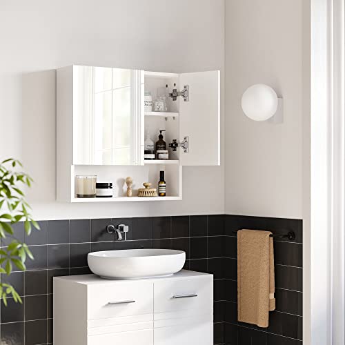 Mirrored Cabinet, Bathroom Cabinet with Height-Adjustable Shelves, Door and Top Panel with High-Gloss Surface, Bathroom, 54 x 15 x 55 cm, White