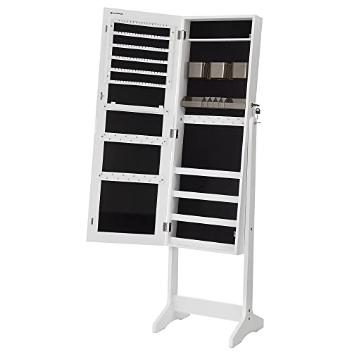 Jewelry Cabinet Armoire, Freestanding Lockable Storage Organizer Unit with 2 Plastic Cosmetic Storage, Full-Length Frameless Mirror, for Necklace Earring, White U