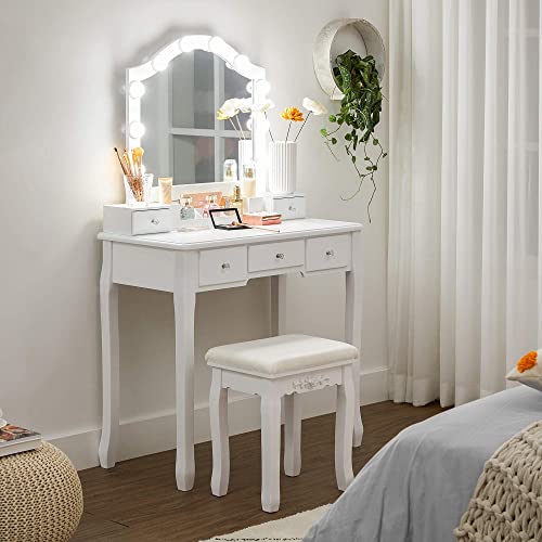 Dressing Table Set, Dressing Table, Padded Stool, 10 Bulbs, Removable Storage Box with 6 Compartments, 5 Drawers, 1 Drawer Divider, Gift Idea, for Bedroom, White