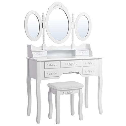 Wall-Fixed Luxurious 3 mirrors Dressing Table Set with stool, 7 drawers with 2 Dividers Make-up Dresser