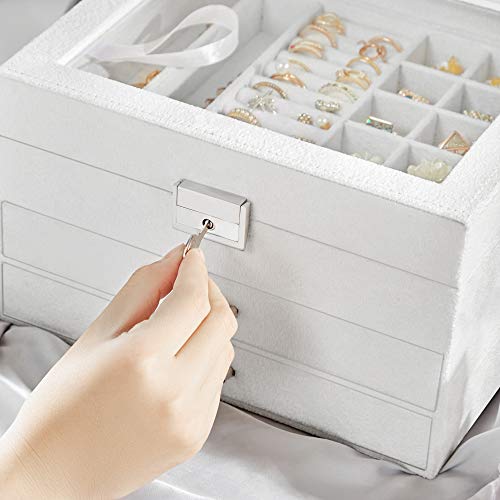 Jewellery Box, 3-Tier Velvet Jewellery Display Case and Organiser with Clear Glass Lid, Varying Compartments for Necklaces, Bracelets, Rings, Lock and Key, White