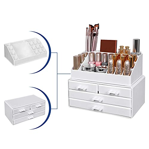 Cosmetics Organiser, Makeup Storage Holder with 4 Drawers and 16 Compartments of Different Sizes, Non-Slip Mats, for Makeup and Jewellery Accessories, White