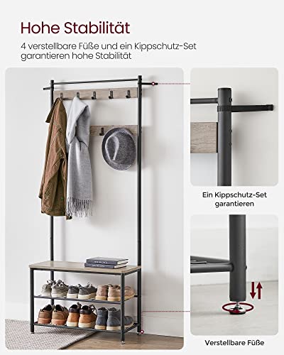 Coat Rack, Coat Stand with Shoe Storage Bench, Hall Tree with Shoe Rack, 3-in-1 Design, Steel Frame, for Hallway, Entrance, 32 x 70 x 175 cm, Industrial, Greige and Black