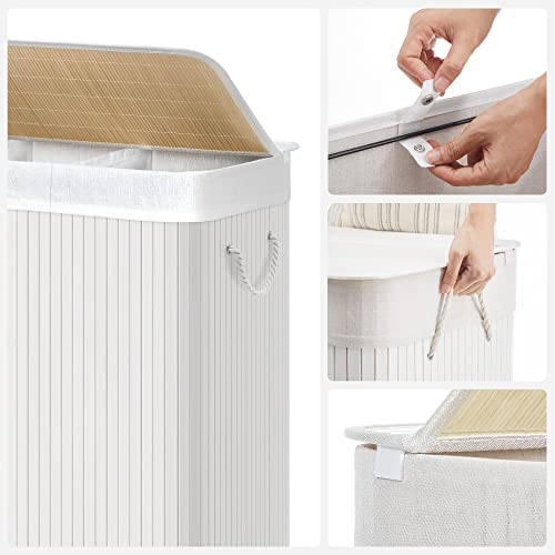 Laundry Hamper Basket with 3 Sections, Clip-on Lid and Handles, 150L Foldable, for Laundry Room, Bedroom, Bathroom, White