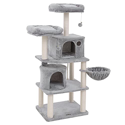 Cat Tree, Tall Cat Tower, 2 Caves, Light Grey