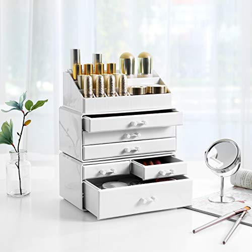 Large Acrylic Make up Organiser, Stackable Cosmetic Box with 6 Drawers, for Palette, Brush, Foundation, Lipstick, Nail Polish, Hairpins, Great Gift for Loved Ones, White