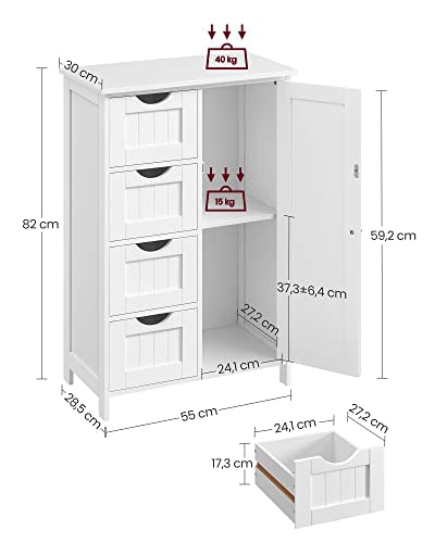 Bathroom Floor Storage Cabinet, Wooden Storage Unit with 4 Drawers, Single Door, Adjustable Shelf, for Living Room, Kitchen, Entryway, White