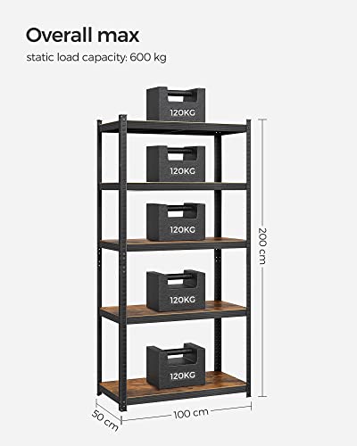 Shelving Unit, 50 x 100 x 200 cm, 875 kg Load Capacity (175 kg per Shelf), Industrial, Adjustable Storage Shelves, for Living Room, Kitchen, Garage, Rustic Brown and Black