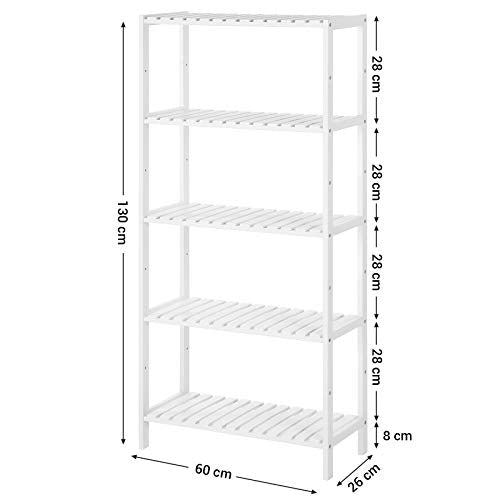 5-Tier Bathroom Storage Shelves, Bamboo Kitchen Shelf with 9 Adjustable Heights, Multifunctional Display Stand in Living Room, Hallway, 60 x 26 x 130 cm, White