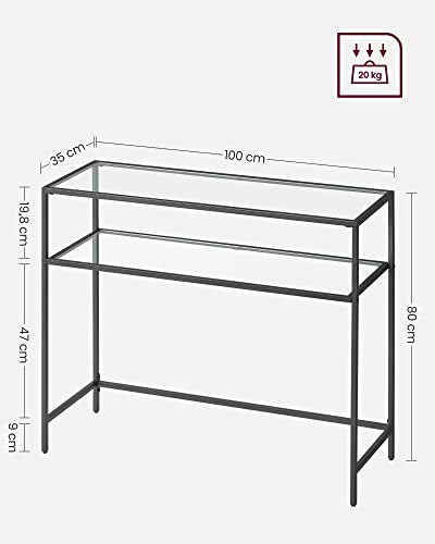 Console Table, Tempered Glass Table, Modern Sofa or Entryway Table, Steel Frame, 2 Shelves, Adjustable Feet, for Living Room, Hallway, Black