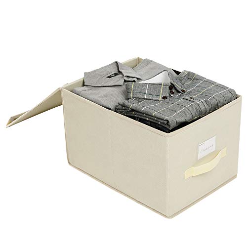 Set of 3 Foldable Storage Boxes with Lids, Fabric Cubes with Label Holders, Storage Bins Organiser, 40 x 30 x 25 cm, Beige