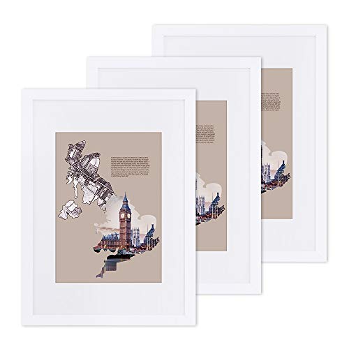 Picture Frame Set of 3, A3 (29.7 x 42 cm) without Mat, A4 (21 x 29.7 cm) with Mat, Glass Front, Home and Office, White MDF Photo Frames