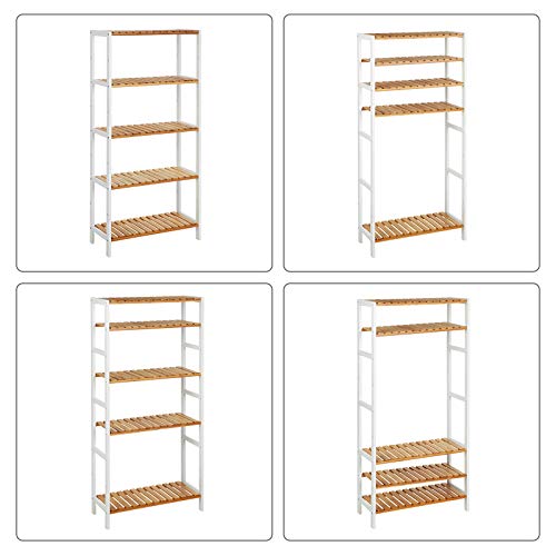 5-Tier Bathroom Storage Shelves, Bamboo Kitchen Shelf with 9 Adjustable Heights, Multifunctional Display Stand in Living Room, Hallway, 60 x 26 x 130 cm, White and Natural