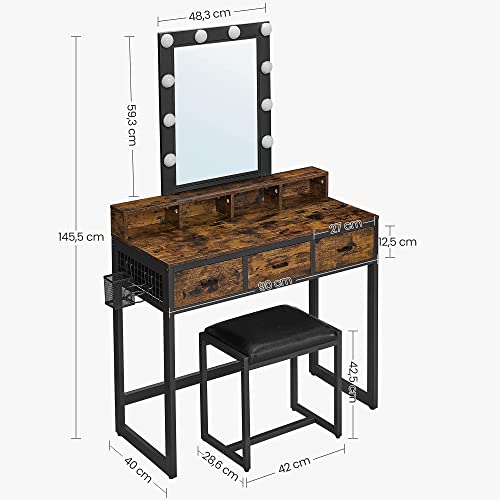 Dressing Table with Stool Vanity Table 10 LED Bulbs Mirror Adjustable Brightness Bedroom Dressing Room Industrial Design Vintage Brown-Black