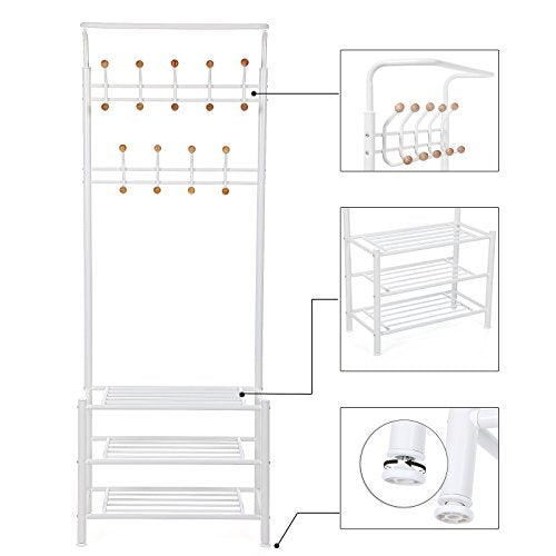 187 cm High Metal Hall Tree, Entryway Organiser, Coat Stand with 3 Shelves, Cream