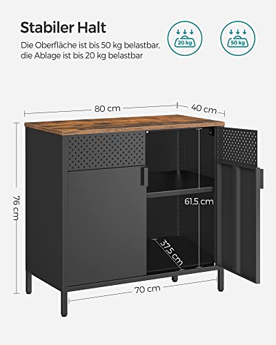 Storage Cabinet, Double-Door Floor Cabinet with Magnetic Closure, Adjustable Shelf, Steel Frame, Industrial Style, Space-Saving, Rustic Brown and Black