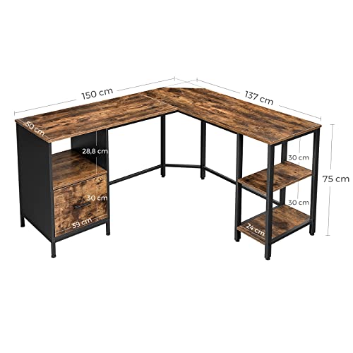 Corner Desk, L-Shaped Computer Desk, Office Desk with Cupboard and Hanging File Cabinet, 2 Shelves, Home Office, Space-Saving, Easy Assembly, Industrial Design, Rustic Brown and Black