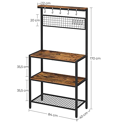 Industrial Kitchen Baker's Rack, Kitchen Unit with Storage Shelves, 10 Hooks and Metal Mesh Shelf, Microwave Oven Utensils Shelf, 84 x 40 x 170 cm, Rustic Brown