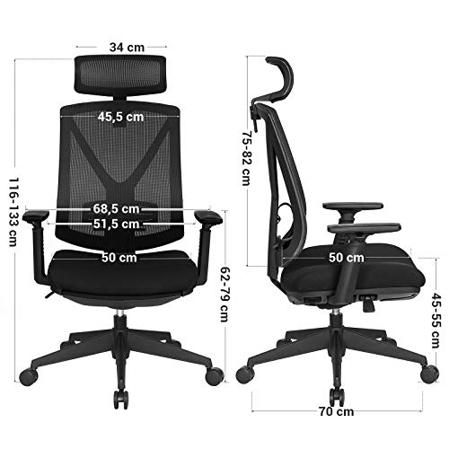 Ergonomic Office Chair with Footrest, Desk Chair with Lumbar Support, Adjustable Headrest and Armrest, Height Adjustment and Rocker Function, Maximum Load 150 kg, Black