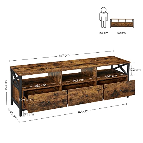 TV Stand, TV Cabinet for up to 65 Inch TV, TV Table with 3 Drawers and 3 Open Shelves, 40 x 147 x 50 cm, for Living Room, Bedroom, Steel Frame, Rustic Brown and Black