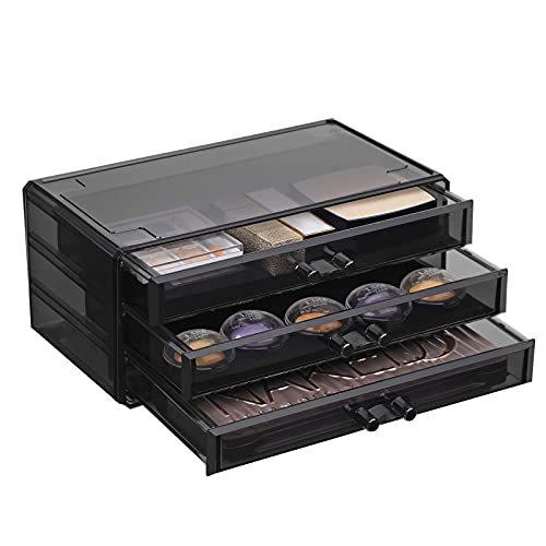 Large Acrylic Make up Organiser, Stackable Cosmetic Box with 6 Drawers, for Palette, Brush, Foundation, Lipstick, Nail Polish, Hairpins, Great Gift for Loved Ones, Black