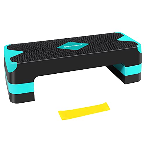 Fitness Aerobic Stepper with a Resistance Band, Adjustable Height 3 Levels Step Platform (10/15/20 cm), Exercise Workout Step Board, for Home and Office Fitness, Black and Lake Blue