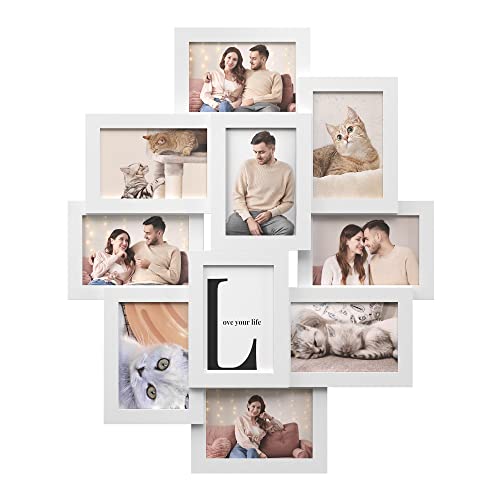 Photo Frame Collage for 10 Photos in 4" x 6" (10 x 15 cm), MDF Wall Mounted Photo Gallery Display, Assembly Required, White