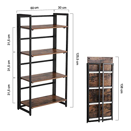 Bookcase, Industrial Folding Storage Rack, 4-Tier Bookshelf, Multifunctional Shelving Unit, Easy Assembly, with Metal Frame, for Living Room, Bedroom, kitchen, Rustic Brown