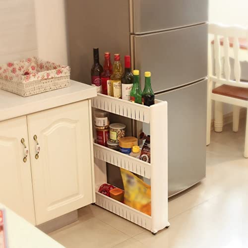 3-tier Slide Out Storage Tower Kitchen Storage Rack Bathroom Shelf with Wheels 72.5cm White