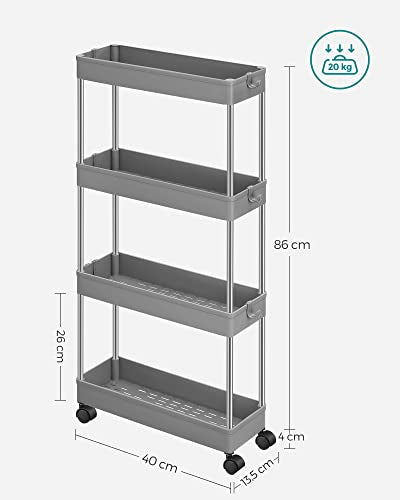 4-Tier Slide Out Storage Trolley, Rolling Cart on Wheels, Space-Saving Narrow Kitchen Bathroom Trolley, 40 x 12.5 x 86 cm, Grey