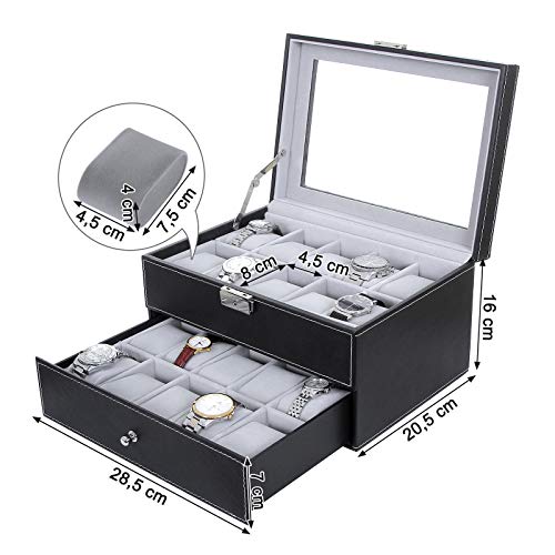 Watch Box with 20 Slots, Large Watch Storage Display Case with Glass Lid, PU Cover, Velvet Lining, Great Gift for Loved Ones, Black