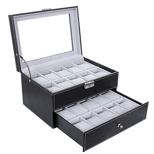 Watch Box with 20 Slots, Large Watch Storage Display Case with Glass Lid, PU Cover, Velvet Lining, Great Gift for Loved Ones, Black