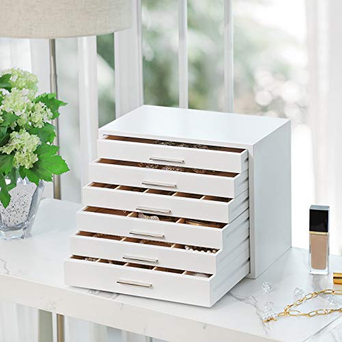 Wooden Jewellery Box, 6-Layer Jewellery Organiser, Ideal for Necklaces, Earrings, Sunglasses, Bracelets, Watches, White