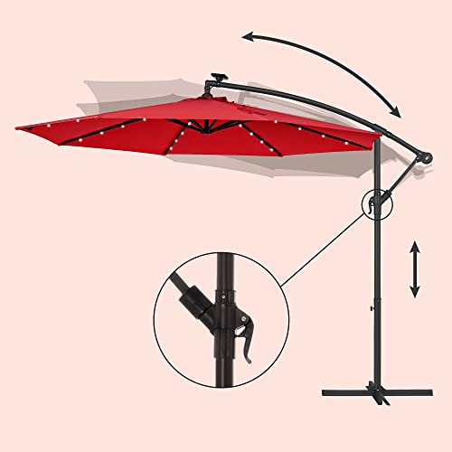 Cantilever Garden Patio Parasol with Solar-Powered LED Lights, 3 m Offset Parasol with Base, UPF 50+ Banana Hanging Umbrella, Crank for Opening Closing, Red