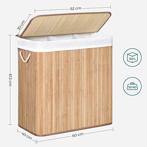 Laundry Hamper Basket with 3 Sections, Clip-on Lid and Handles, 150L Foldable, for Laundry Room, Bedroom, Bathroom, Natural