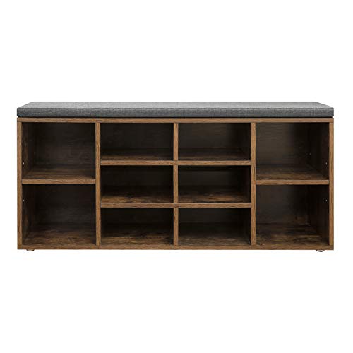 Shoe Bench, Shoe Shelf, Storage Cabinet, 10 Compartments, with Cushion, for Entryway, 104 x 30 x 48 cm, Oak Colour LHS10NL