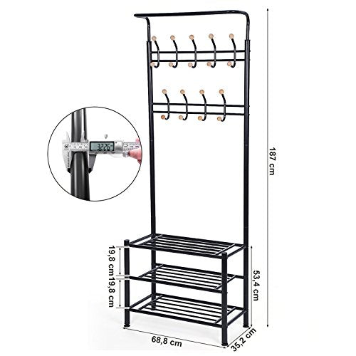 Coat Stand with 3 Shoe Racks with 18 Hooks Tube Diameter 32 mm, Metal, Black, 68.8 x 35.2 x 187 cm