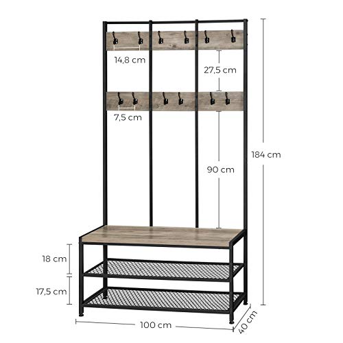 Large Coat Rack Stand, Coat Tree with 12 Hooks and Shoe Bench in Industrial Design, Hall Tree, Multifunctional Hallway Shelf, Office, Bedroom, Greige and Black