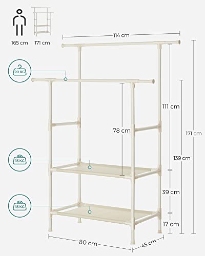 Clothes Rack, Metal Clothing Stand with 2 Hanging Rails and 2 Storage Shelves, Max. Load 70 kg, Easy Assembly, White