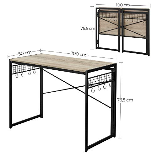 Computer Desk, Folding Writing Desk with 8 Hooks, Study Desktop Workstation, No Tools Required, Industrial, for Home Office, Laptop, and PC, Greige and Black