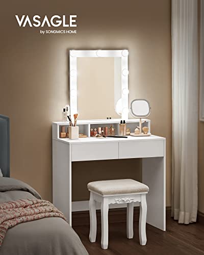 Dressing Table with Mirror and Bulbs, Cosmetic Table with 2 Drawers and 3 Open Compartments, Dressing Table for Makeup, Modern, White