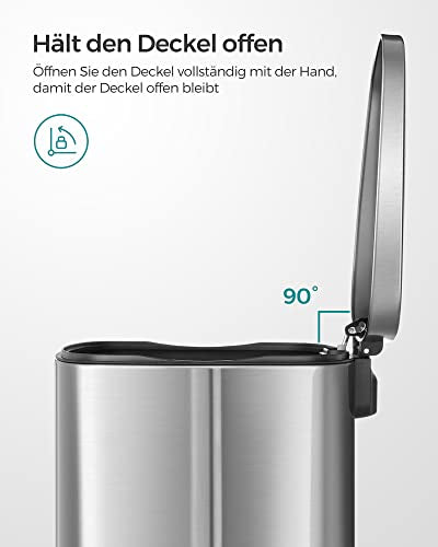 Kitchen Pedal Bin, 50L Rubbish Waste Bin, with Plastic Inner Bucket, Hinged Lid, Soft Closure, Odour Proof and Hygienic, Silver