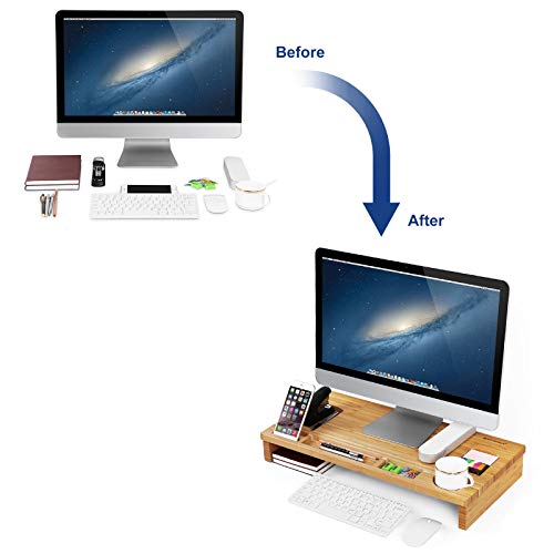 Bamboo Monitor Stand Riser, Desktop Organiser for Laptop, cellphone, TV, Printer , Natural, 60 x 30.2 x 8.5 cm