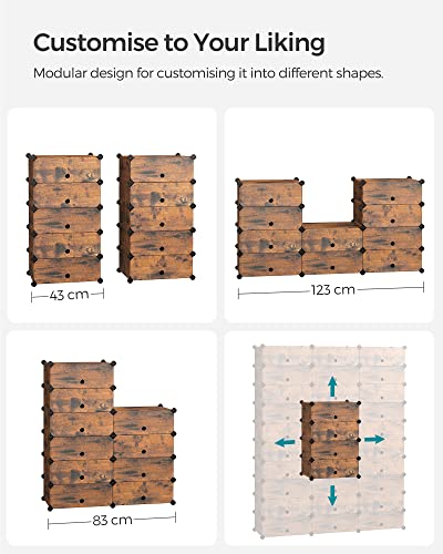 Interlocking Shoe Rack, Rectangular Storage Organiser, 10 Slot Modular DIY Storage Shelf Unit, 40 x 30 x 17 cm for Each Slot, Plastic Wardrobe with Doors, Rustic Brown