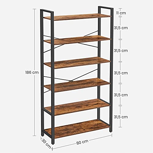 Bookshelf, 6-Tier Shelving Unit with Steel Frame, Tall Rustic Shelves for Living Room, Office, Study, Hallway, Industrial Style, 80 x 30 x 186 cm, Rustic Brown and Black