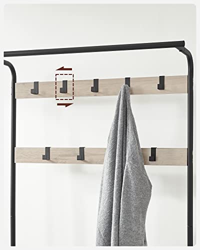 Coat Stand, Shoe Rack with Seat, Clothes Rack with 9 Removable Hooks, Bench, 2 Grid Shelves, 183 cm High, Industrial Design, Greige Black