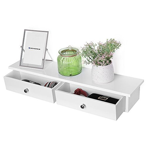 Wall Shelf, Floating Shelf with 2 Drawers, High Gloss Finish, Holds up to 15 kg, 65 x 15 x 10 cm, for Entryway, Living Room, Kitchen, White