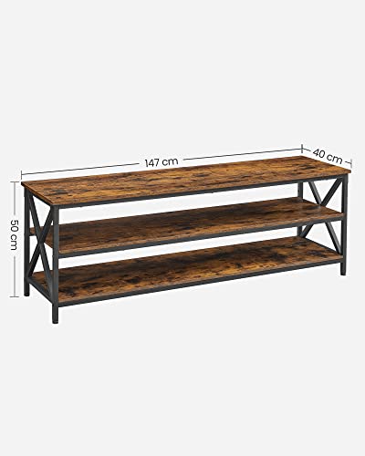 TV Stand, TV Table, TV Console for up to 65-Inch TVs, with Open Storage Shelves, X-Shape Steel Frame, Farmhouse Industrial Design, 147 x 40 x 50 cm, Rustic Brown and Black